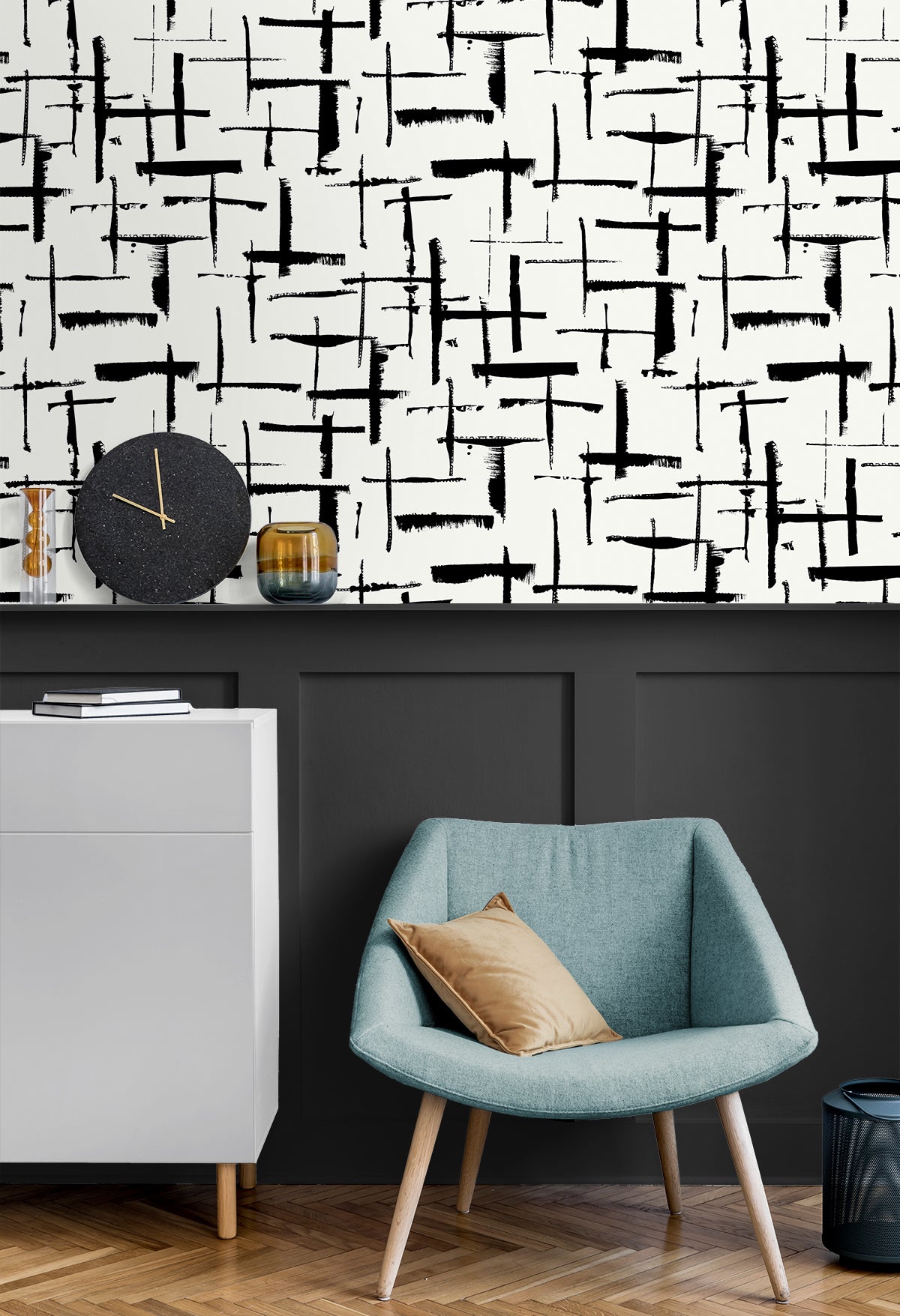 Crosshatch Abstract Ebony & Eggshell by NextWall Peel & Stick Peel & Stick Abstract Wallpaper- NextWall NW53300