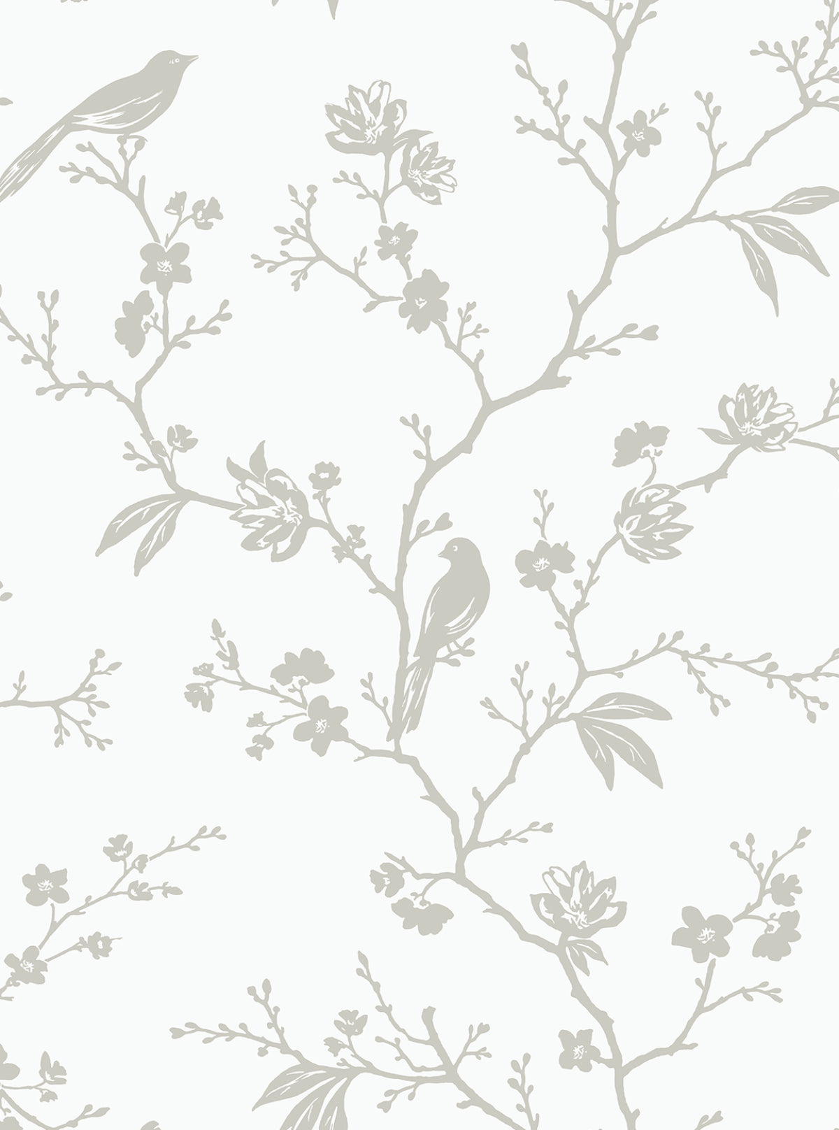 Songbird Chinoiserie peel and stick wallpaper in Nickel with metallic branches, blossoms, and birds