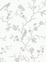 Songbird Chinoiserie peel and stick wallpaper in Nickel with metallic branches, blossoms, and birds