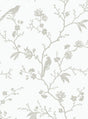 Songbird Chinoiserie peel and stick wallpaper in Nickel with metallic branches, blossoms, and birds