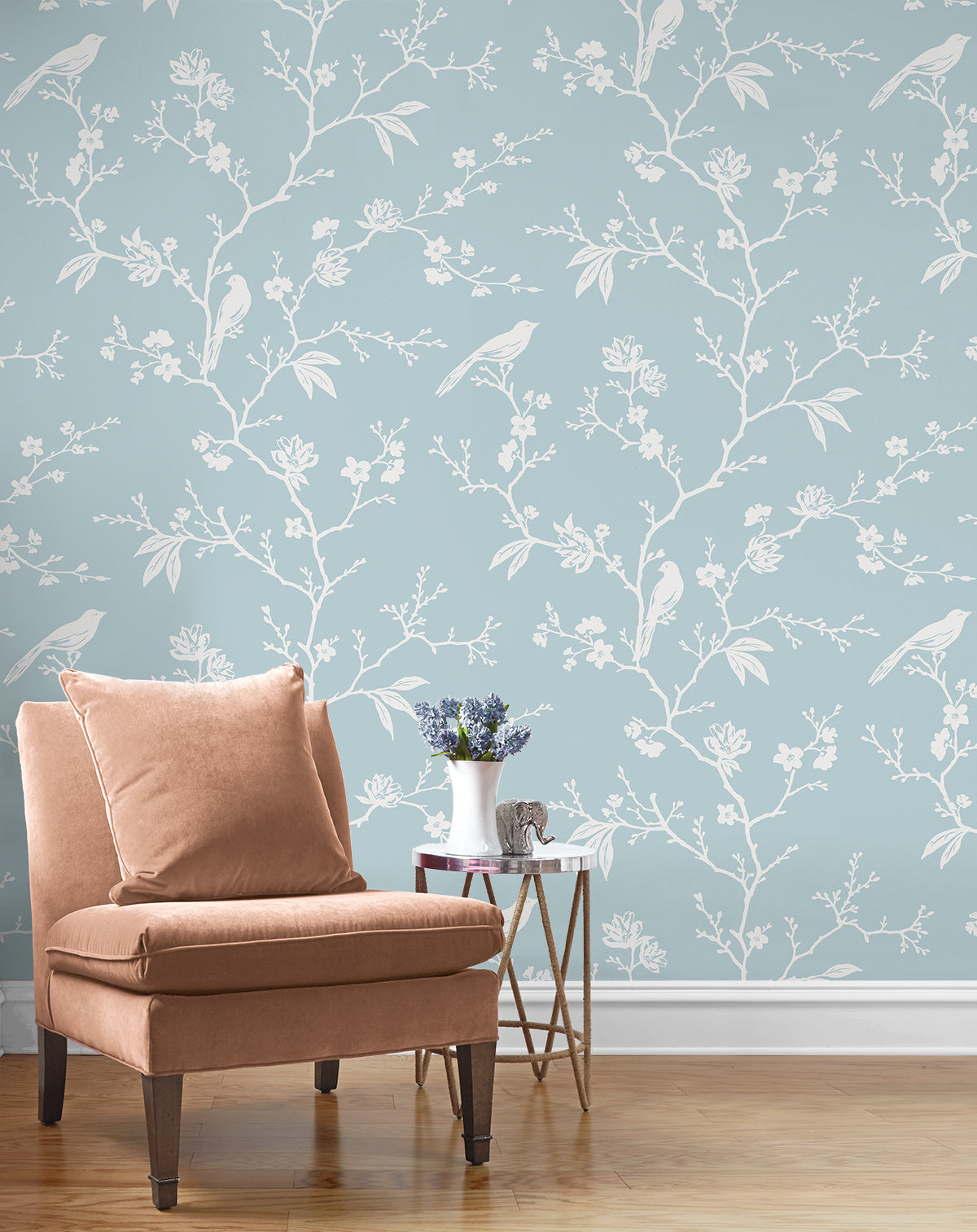 Songbird Chinoiserie Blue Skies by NextWall Peel & Stick Chinoiserie Bird & Blossom Wallpaper – NextWall NW53402 -Sample