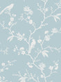 Songbird Chinoiserie peel and stick wallpaper in Blue Skies with white birds and flowering branches