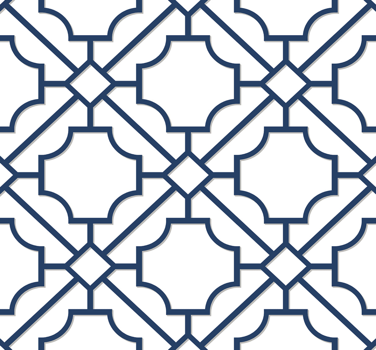 Navy blue lattice geometric peel and stick wallpaper on a white ground