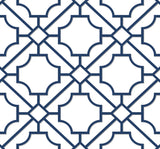 Navy blue lattice geometric peel and stick wallpaper on a white ground