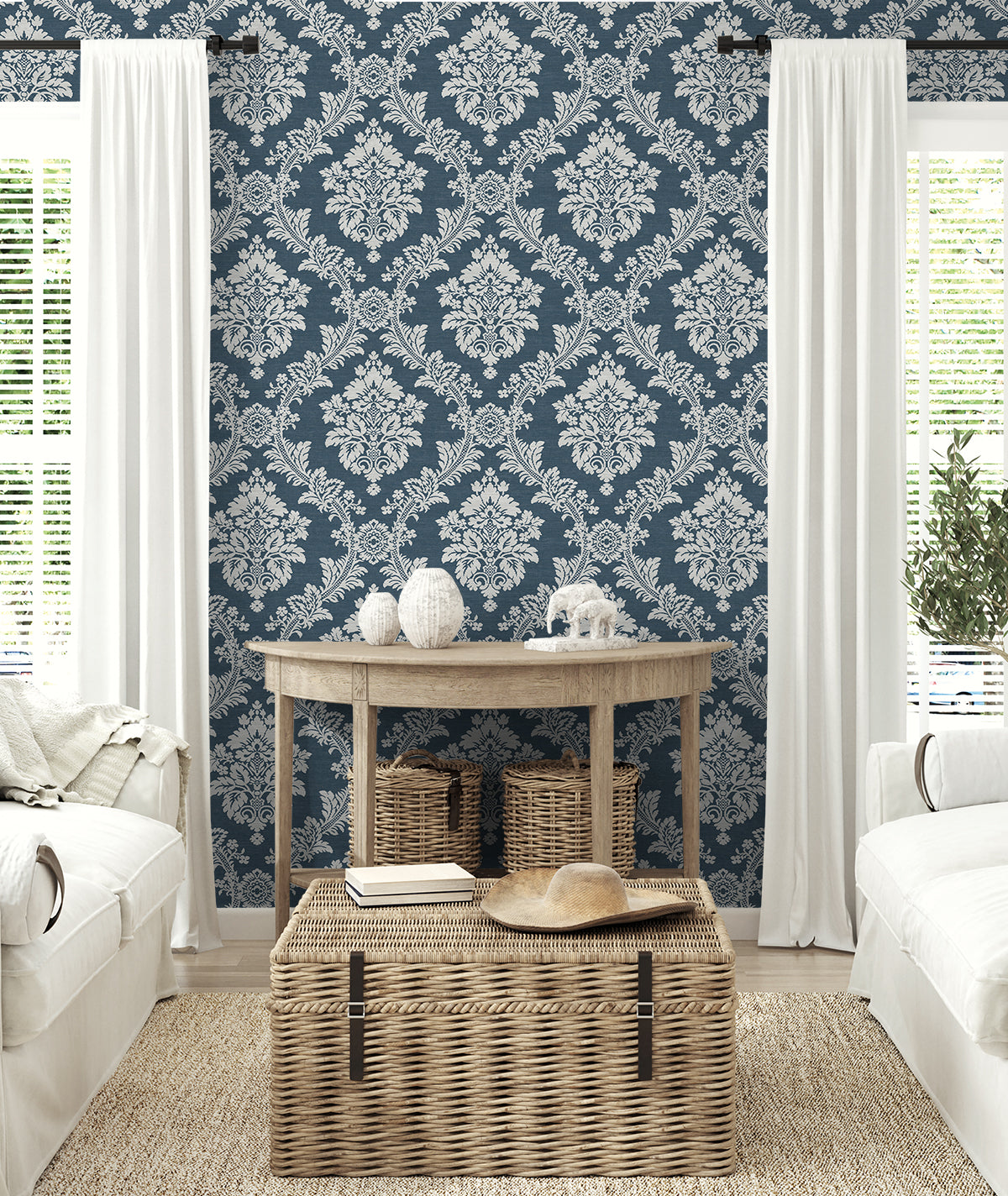 Seaside Damask Denim Blue by NextWall Peel & Stick Traditional Damask Wallpaper- NextWall NW53602