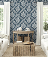 Seaside Damask Denim Blue by NextWall Peel & Stick Traditional Damask Wallpaper- NextWall NW53602