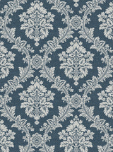 Denim blue and white traditional damask peel and stick wallpaper pattern