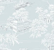 Coastline Toile peel and stick wallpaper in Blue Mist with coastal village and boats