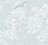 Coastline Toile peel and stick wallpaper in Blue Mist with coastal village and boats