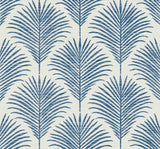Grassland Palm peel and stick wallpaper in coastal blue with repeating palm fronds on a light background