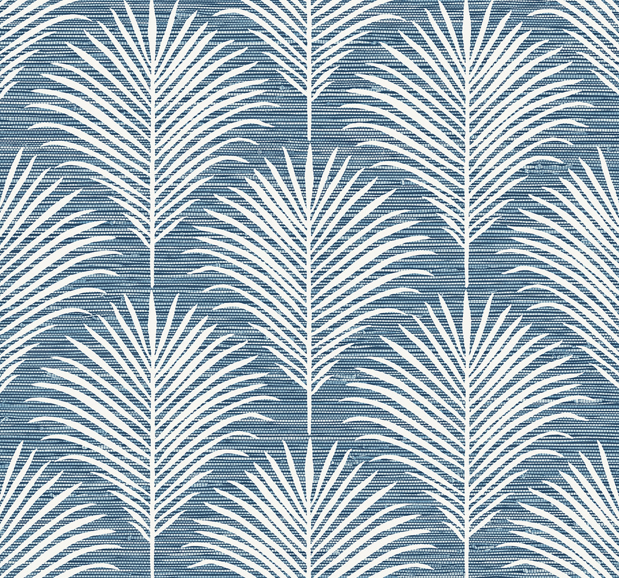 Grassland Palm peel and stick wallpaper in Blue Lagoon with white palm fronds on a textured blue ground.
