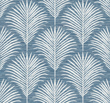Grassland Palm peel and stick wallpaper in Blue Lagoon with white palm fronds on a textured blue ground.