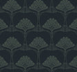 Deco Floral peel and stick wallpaper in Midnight Blue & Juniper with a vintage art deco floral fan pattern