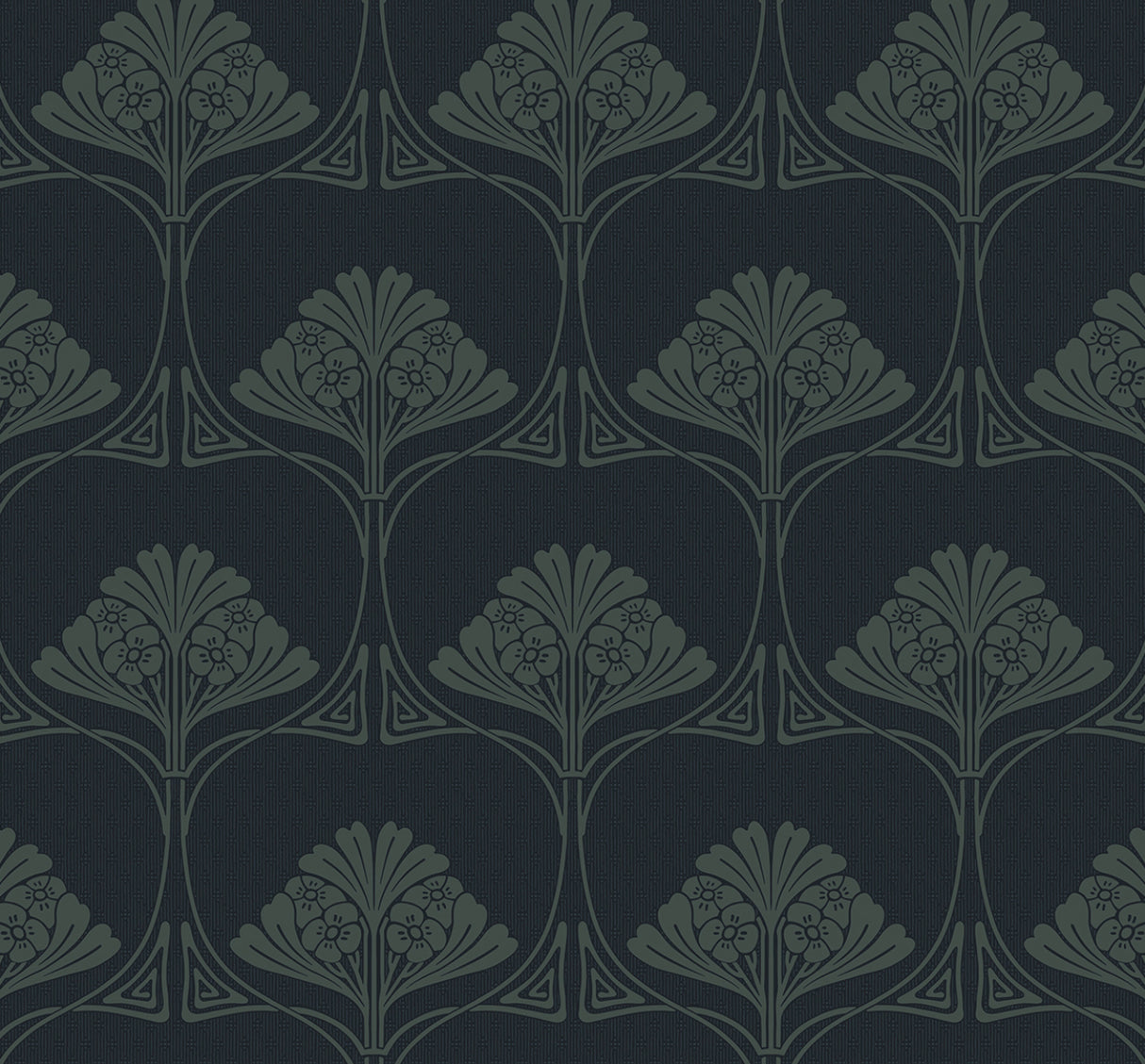 Deco Floral peel and stick wallpaper in Midnight Blue & Juniper with a vintage art deco floral fan pattern