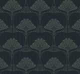 Deco Floral peel and stick wallpaper in Midnight Blue & Juniper with a vintage art deco floral fan pattern