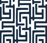 Graphic Maze dark blue geometric maze peel and stick wallpaper pattern.
