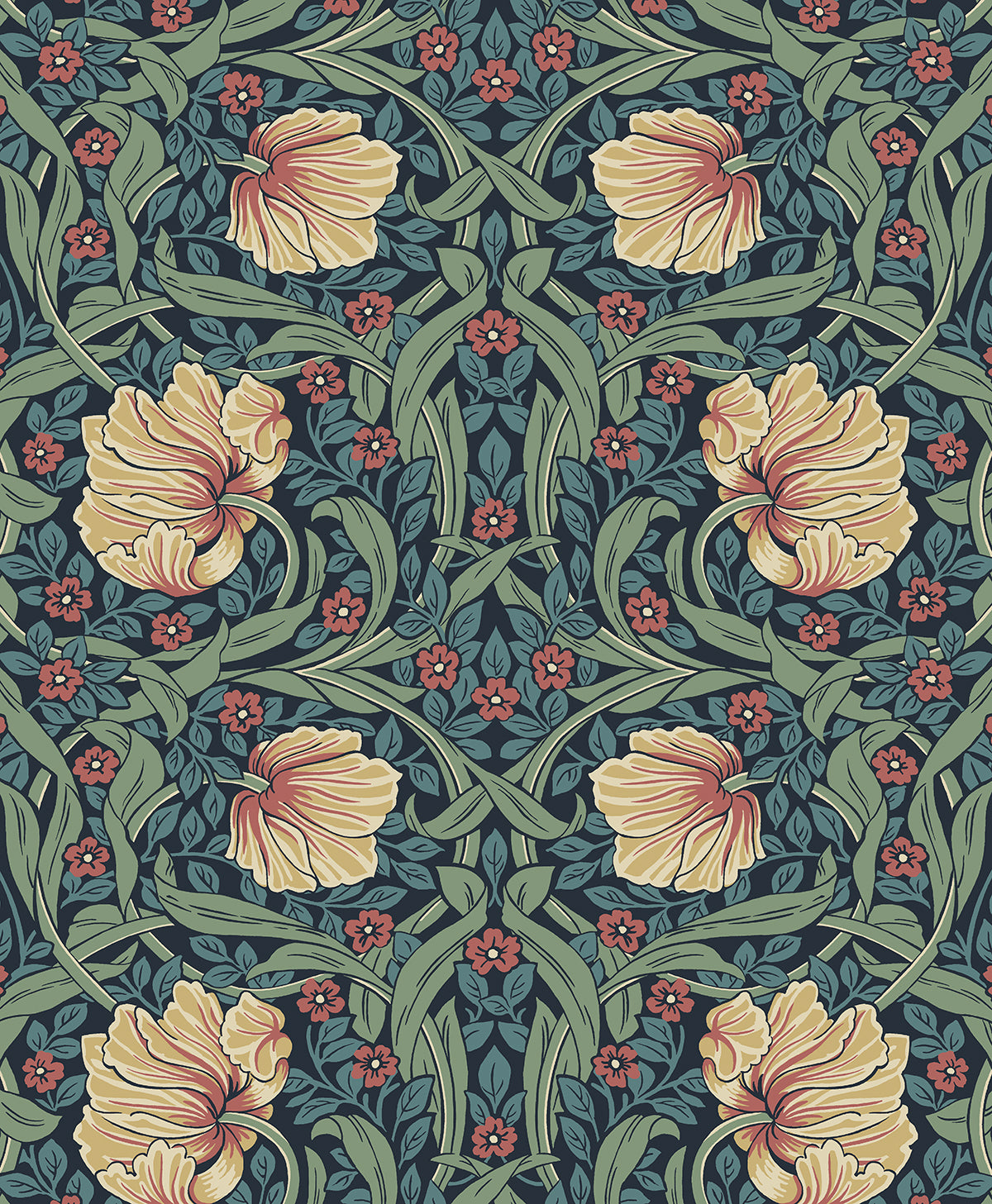 Vintage floral peel and stick wallpaper in bluestone blue and clay with pimpernel-style blossoms and scrolling vines