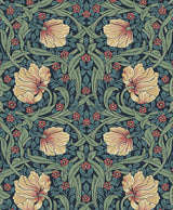 Vintage floral peel and stick wallpaper in bluestone blue and clay with pimpernel-style blossoms and scrolling vines