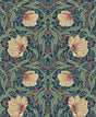 Vintage floral peel and stick wallpaper in bluestone blue and clay with pimpernel-style blossoms and scrolling vines