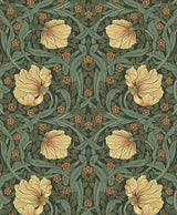Vintage floral vine wallpaper in meadow green with amber and cream flowers, repeating botanical motif.