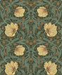 Vintage floral vine wallpaper in meadow green with amber and cream flowers, repeating botanical motif.