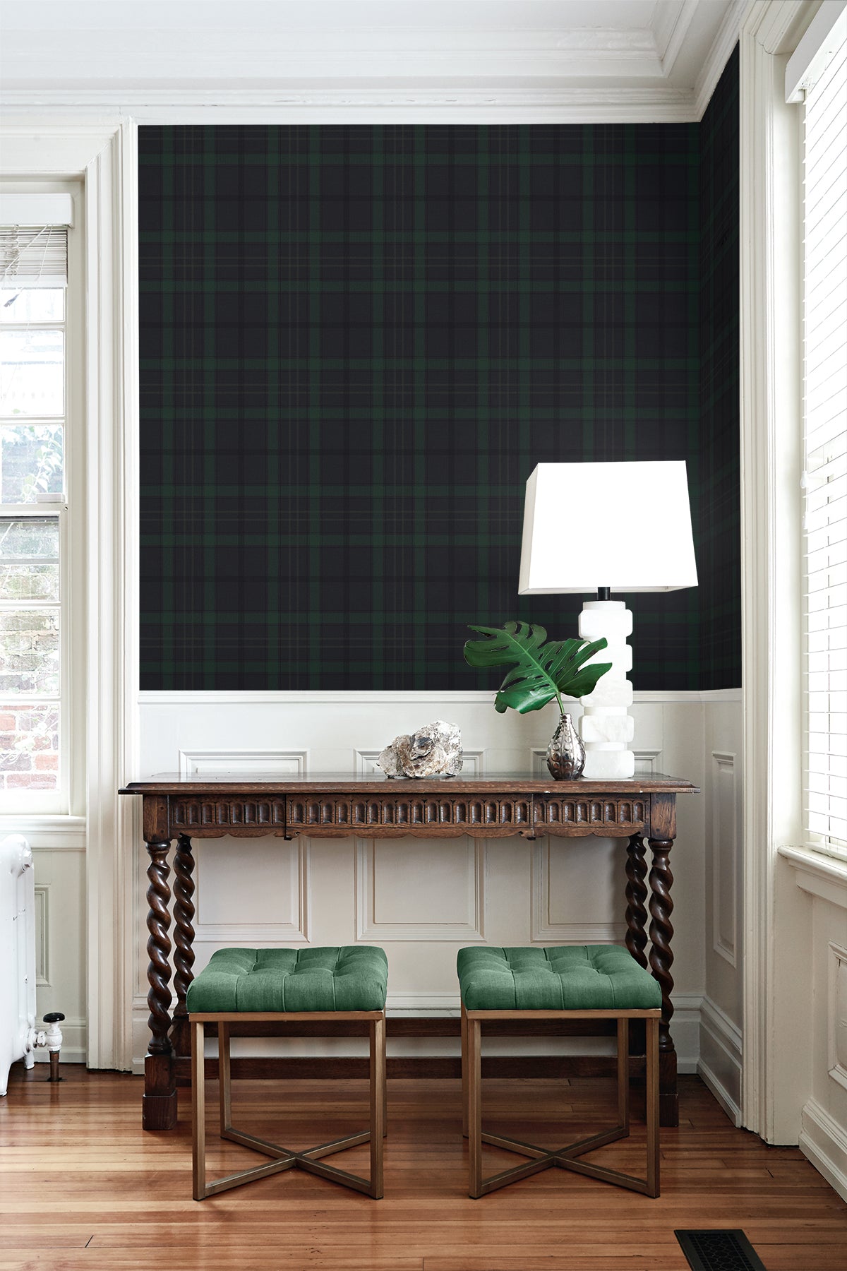 Tailor Plaid Dark Blue & Evergreen by NextWall Peel & Stick Peel & Stick Plaid Vinyl Wallpaper – NextWall NW54302