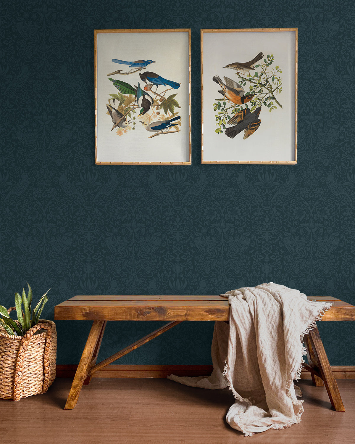 Tonal Bird Garden Slate Blue by NextWall Peel & Stick Vintage Botanical Bird Wallpaper – NextWall NW54402