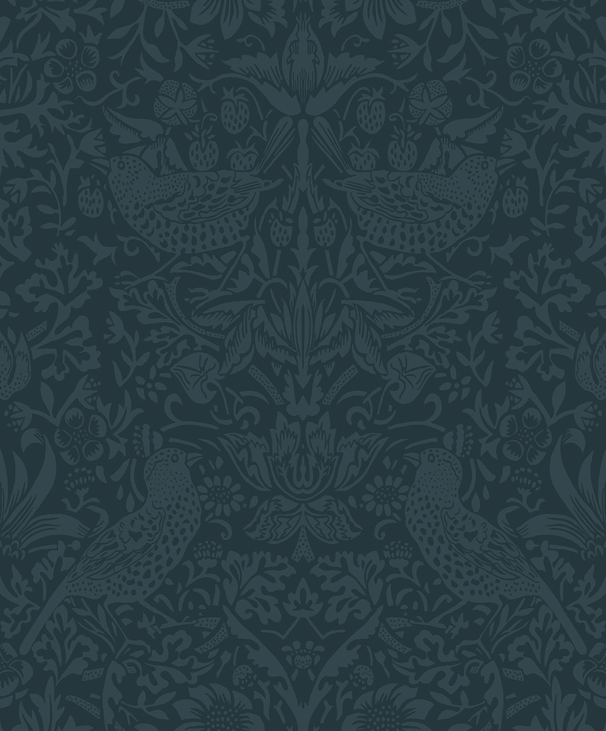 Slate blue tonal bird-and-botanical vintage peel and stick wallpaper pattern