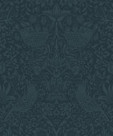 Slate blue tonal bird-and-botanical vintage peel and stick wallpaper pattern