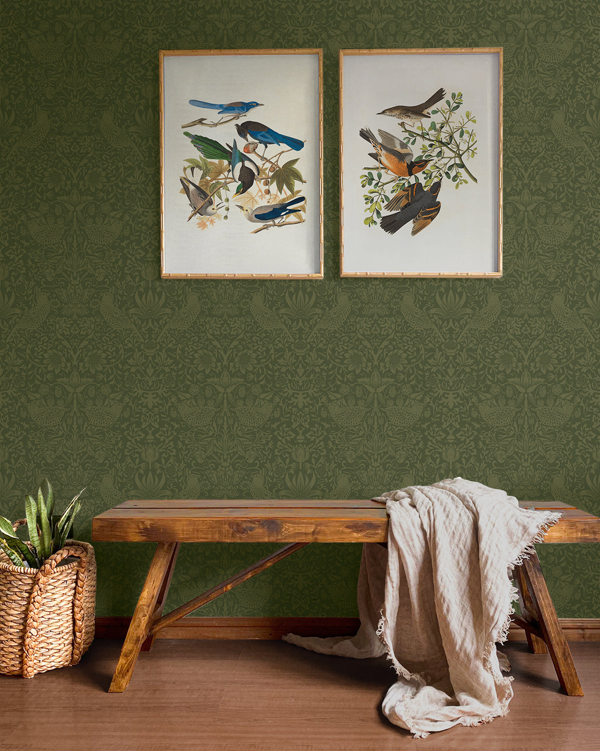 Tonal Bird Garden Moss Green by NextWall Peel & Stick Vintage Botanical Peel & Stick Wallpaper – NextWall NW54404