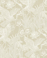 Floral Heron peel and stick wallpaper in sand beige with white herons and floral pattern
