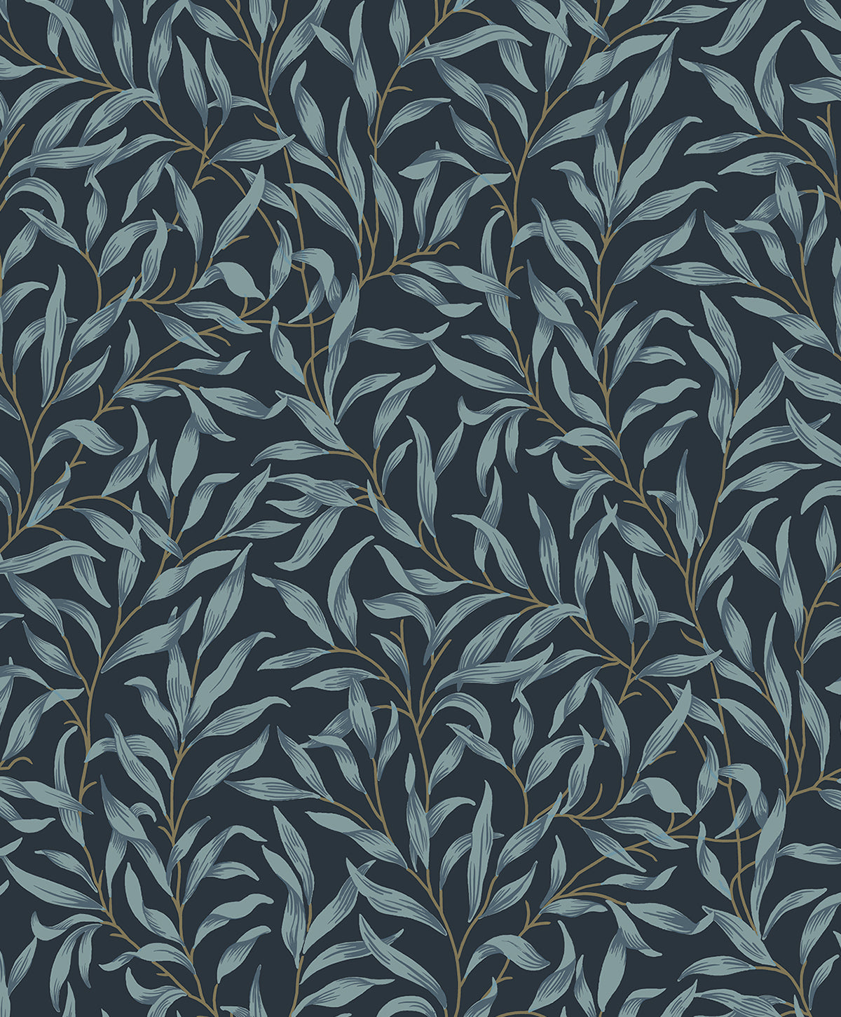 Willow Trail Aegean blue leafy botanical peel and stick wallpaper pattern