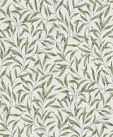 Willow Trail peel and stick wallpaper in Sprig Green with trailing willow leaves on an off-white background