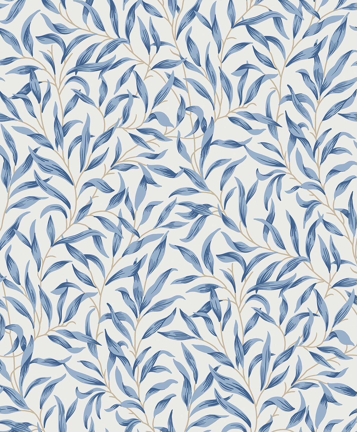 Willow Trail Blue Lake peel and stick wallpaper with blue willow leaves on a light background