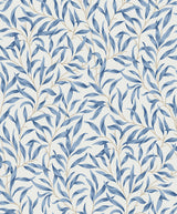 Willow Trail Blue Lake peel and stick wallpaper with blue willow leaves on a light background