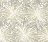 Hex Starburst peel and stick wallpaper in grey with metallic gold starburst hexagon geometric pattern.