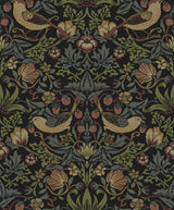 Strawberry Garden black vintage botanical peel and stick wallpaper with birds, strawberries, and foliage