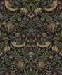 Strawberry Garden black vintage botanical peel and stick wallpaper with birds, strawberries, and foliage
