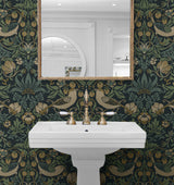 Strawberry Garden Blue by NextWall Peel & Stick Vintage Botanical Bird Peel & Stick Wallpaper – NextWall NW55402