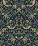 Vintage botanical peel and stick wallpaper in blue featuring birds, leafy vines, flowers, and strawberries.