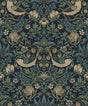Vintage botanical peel and stick wallpaper in blue featuring birds, leafy vines, flowers, and strawberries.