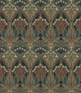 Deco Dragonfly peel and stick wallpaper in Aegean blue and clay with vintage Art Nouveau–style botanical motif.