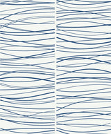 Abstract wave line peel and stick wallpaper in blue on an off-white background