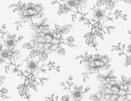 Grey sketched floral peel and stick wallpaper with hand-drawn botanical blooms