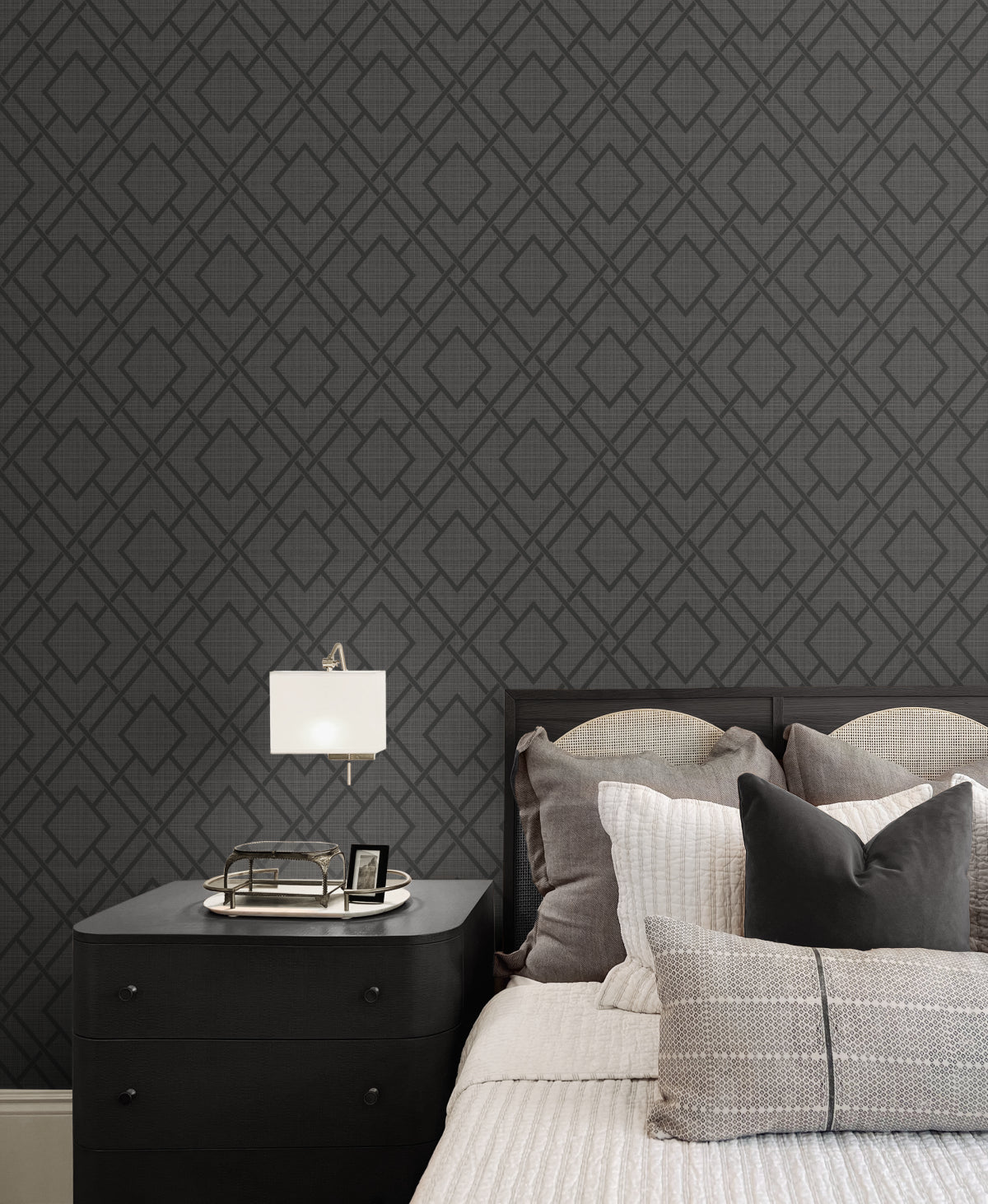 Diamond Trail Pewter & Charcoal by NextWall Peel & Stick Metallic Geometric Peel & Stick Wallpaper – NextWall NW56210