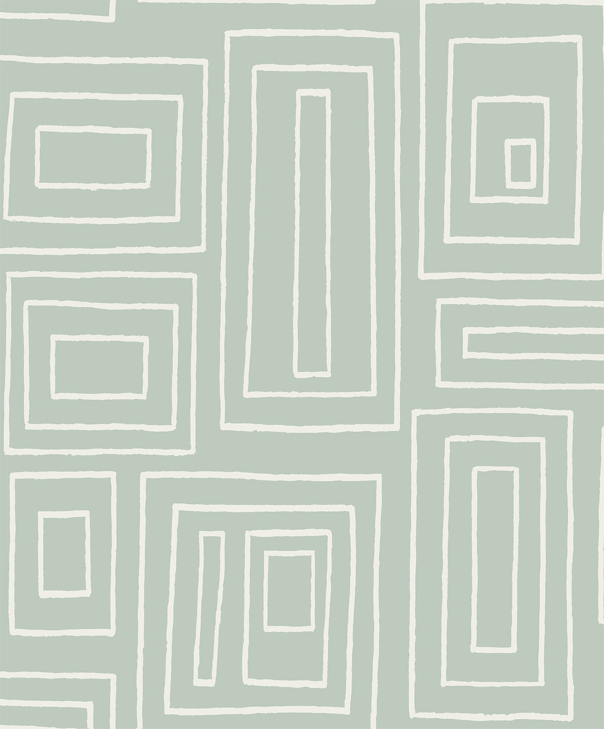 Rectangle Geo peel and stick wallpaper in Aloe Green with white hand-drawn rectangular geometric pattern