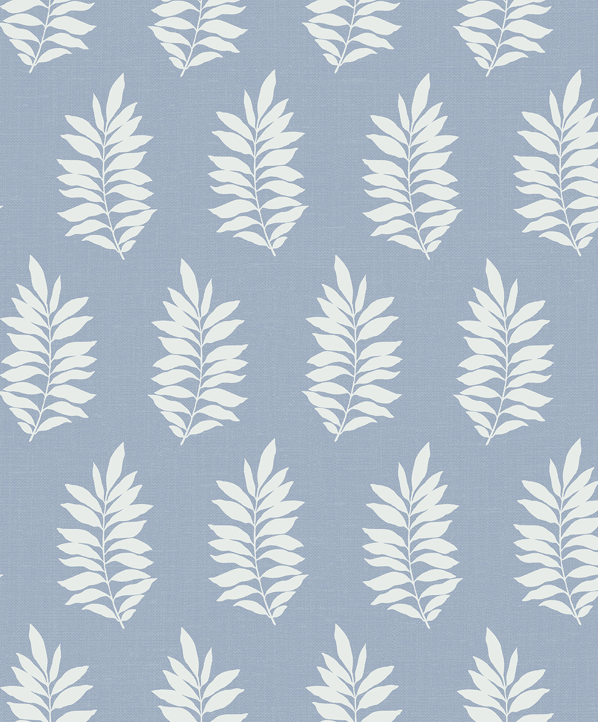 Blue mist peel and stick wallpaper with white pinnate leaf silhouettes in a straight-repeat pattern.