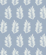 Blue mist peel and stick wallpaper with white pinnate leaf silhouettes in a straight-repeat pattern.