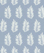 Blue mist peel and stick wallpaper with white pinnate leaf silhouettes in a straight-repeat pattern.