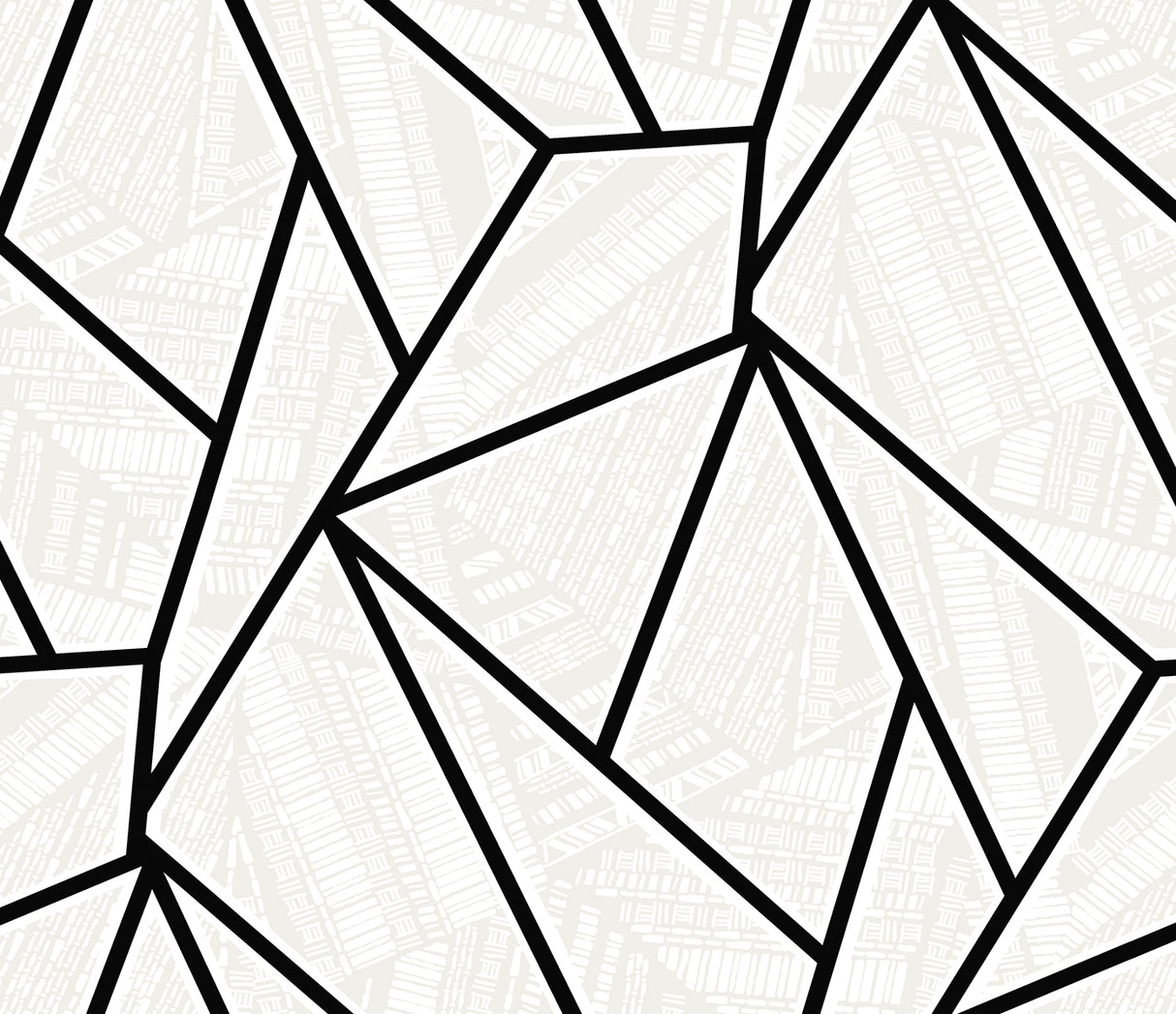 Vector Geo peel and stick wallpaper in Ebony & Morning Fog with bold black geometric linework over a light textured ground.